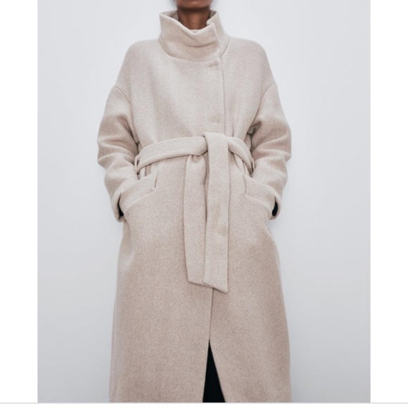 NWT! Zara medium textured wool blend high collar jacket with waist belt. - Picture 2 of 13